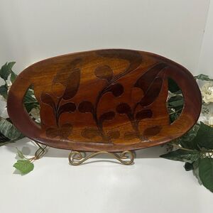 Vtg Hand-Carved Wood Serving Tray 15"x 8.5" Brown Oval Double-sided Wood Inlay